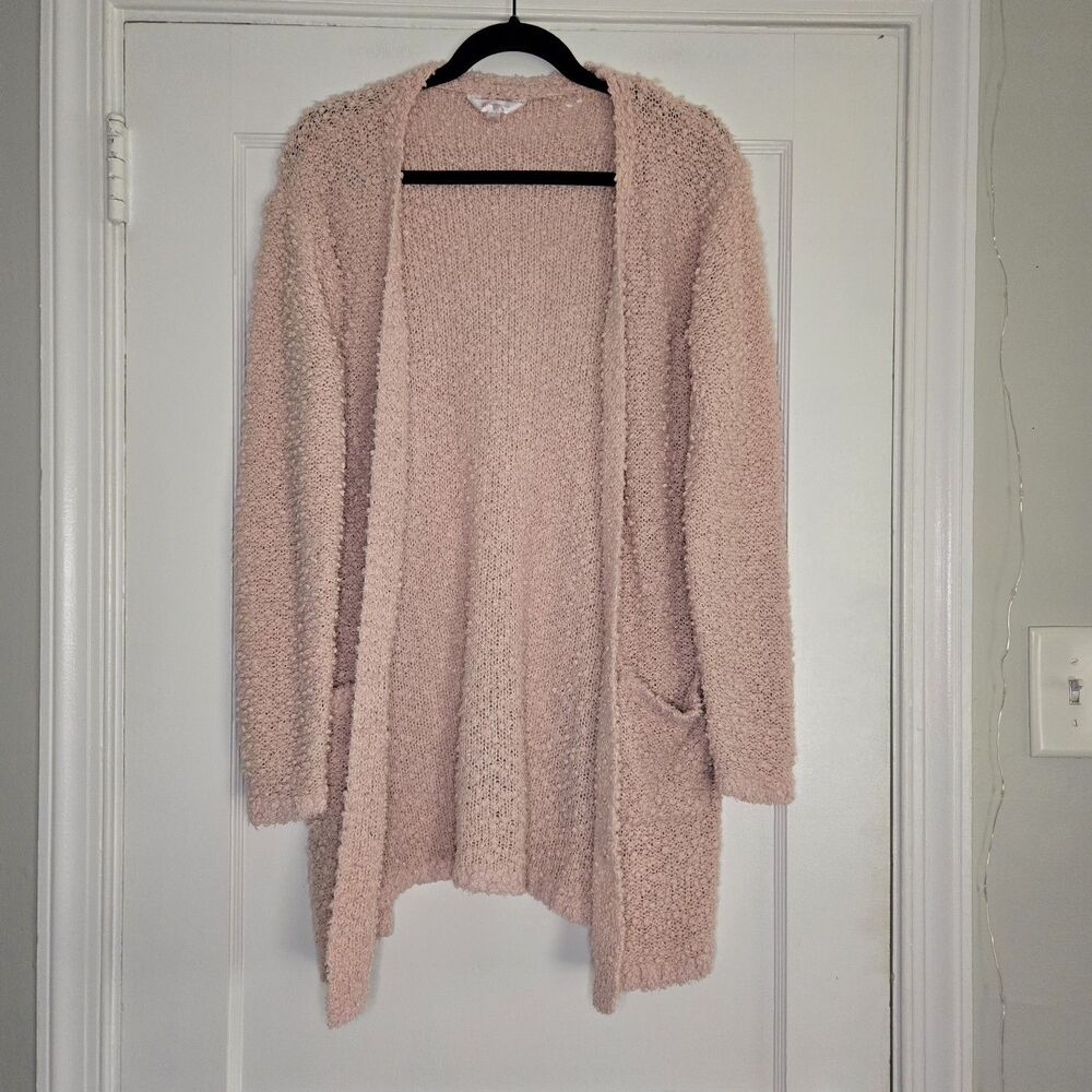Pink Boucle Knit Cardigan Womens Medium Soft Cozy Long Sleeve Sweater